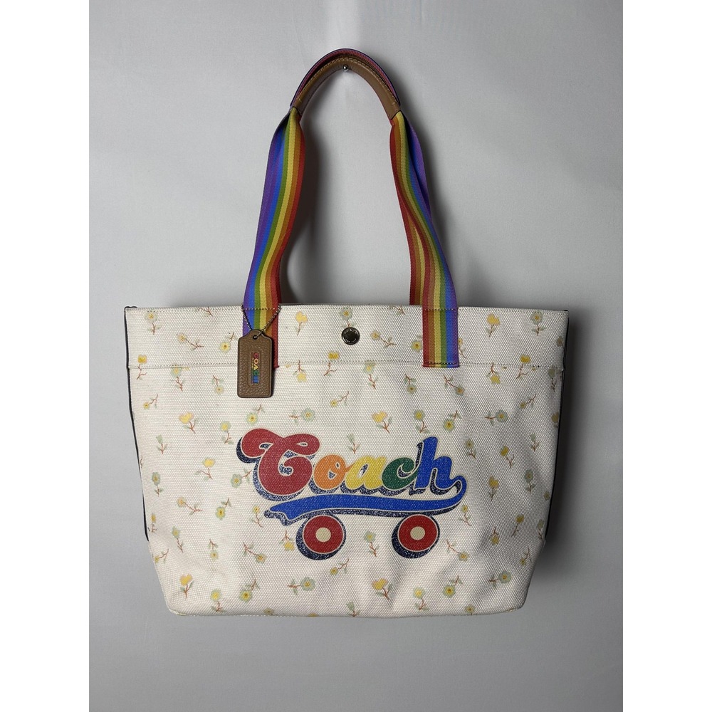 Coach Canvas Tote Off White Floral Rainbow Roller Skate Graphic Shoulder Bag